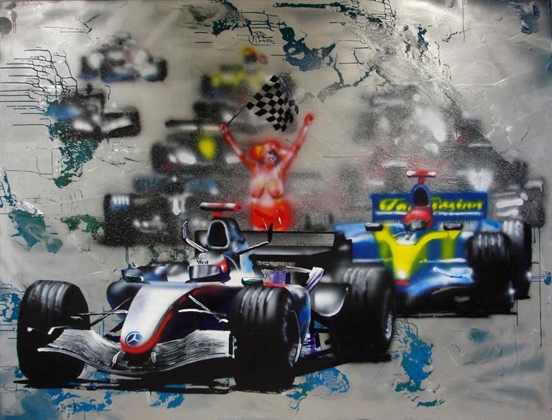 F1, 2006, 180x240 cm, oil, acrylic, silver lacquer, epoxy resin on canvas