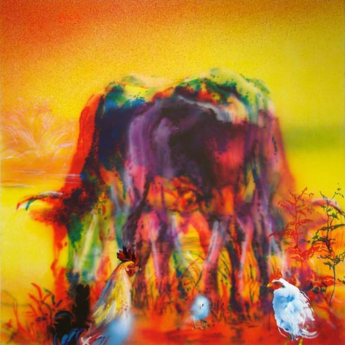 COW AND CHICKEN, 2006, 180x180 cm, oil, acrylic, laquer on molino