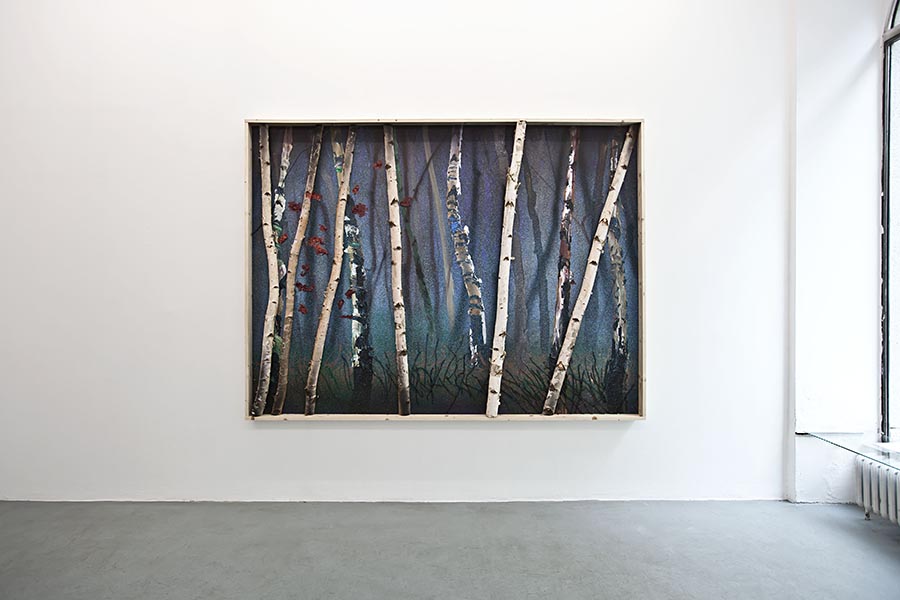 UNTITLED, (BIRCH TREES), 2015, 245x185cm, oil, acrylic, laquer, branches on canvas