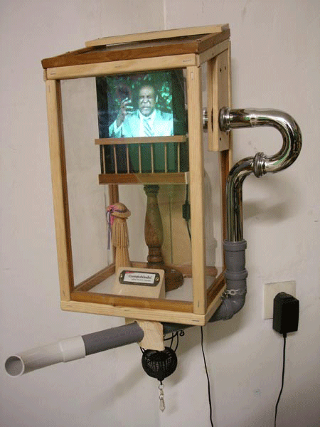 PULPIT (televangelist, singer, BenediktXVI), 2011, 80x40x40cm, wood, metal, acrylic glass, monitor