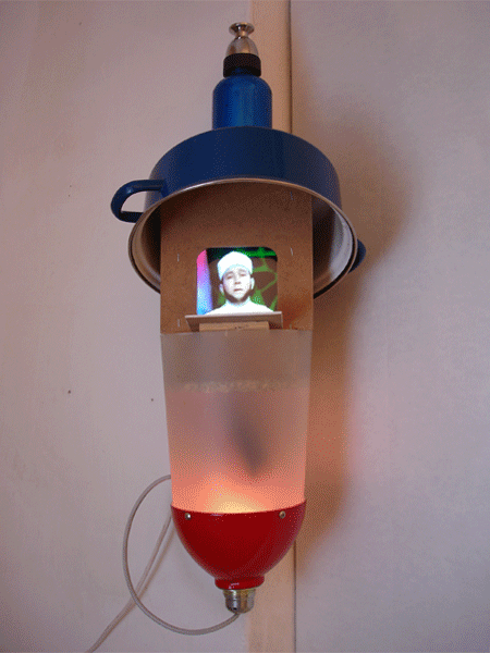 PULPIT (muezzin), 2011, 90x40x40cm, metal pot, plastic bucket, colour changing lamp, wood, monitor
