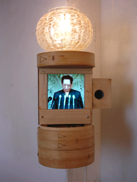 PULPIT (North Korea), 2011, 70x50x40cm, dim sum basket, wood, lamp, monitor